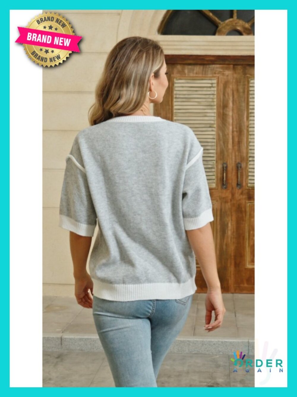 Rib Knit Floral Pullover Sweater, Short Sleeve, Crew Neck, Loose Fit, Polyester - Picture 4 of 4